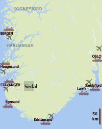 location map showing Sirdal in south Norway