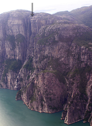Pulpit Rock towering over Lysefjord - seen from a sightseeing helicopter