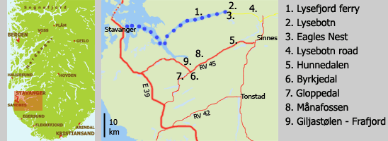 map of Lysefjord Sirdal and Stavanger
